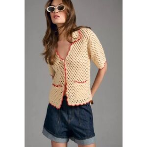 Anthropologie Cream and Red Crochet Cardigan